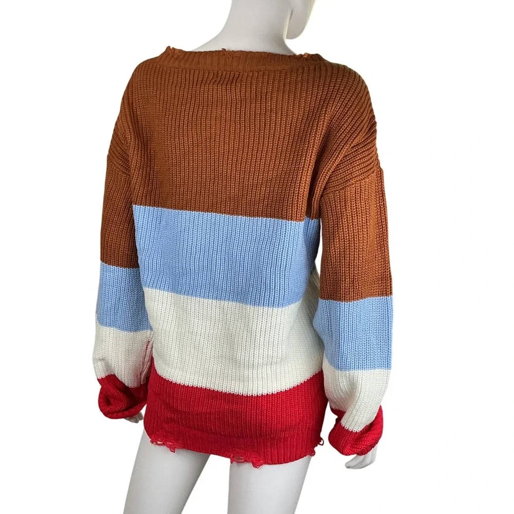 POL Striped V Neck Distressed Sweater‎ Size L Brown Blue White Red
